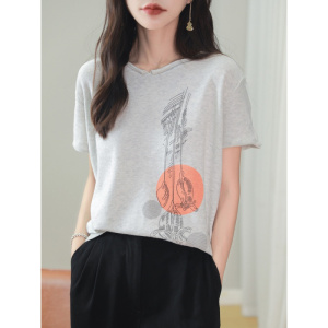 春夏新款全棉线V领卷边印花T恤宽松休闲女士纯色套头针织半袖