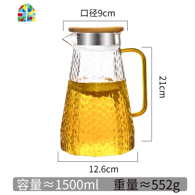 封后冷水壶玻璃可高温凉水壶家用水杯套装大容量凉白开防爆泡茶壶扎壶 FENG 1300ML锤纹冷水壶+4只蘑菇杯[500m