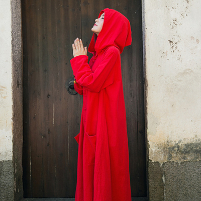 SUNTEK民族风女装棉麻长款旅游衣服连帽开衫斗篷外套女出游拍照红色风衣风衣