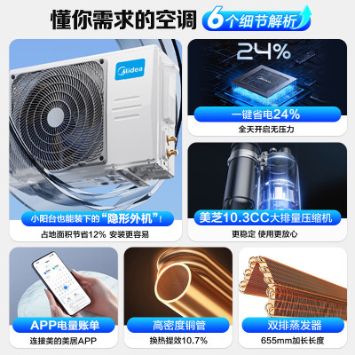 美的 KFR-35GW/N8XA1P 变频冷暖空调 新一级能效 1.5匹 省电节能 卧室挂机 制冷王 白色设计