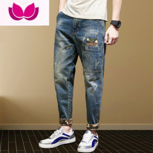 七斓春季牛仔裤男宽松哈伦裤日系复古束脚迷彩加肥加大码潮流小脚长裤