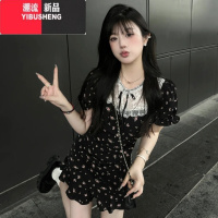 YIBUSHENG茶歇法式蕾丝拼接黑色碎花连衣裙女季小个子千金风收腰a字短裙
