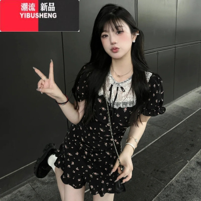 YIBUSHENG茶歇法式蕾丝拼接黑色碎花连衣裙女季小个子千金风收腰a字短裙
