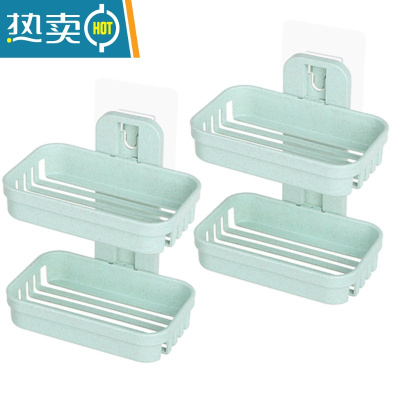 敬平免打孔肥创意浴室置物架双层肥皂架卫生间沥水壁挂香皂架家用 北欧绿(2套装)皂盒