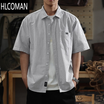 HLCOMAN夏季大码男士短袖衬衫宽松休闲条纹翻领T恤时尚百搭棉质衬衣新潮