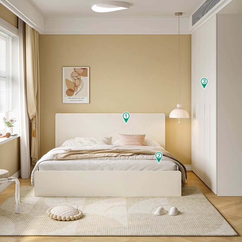 温馨奶油风卧室双人床加高衣柜组合套装