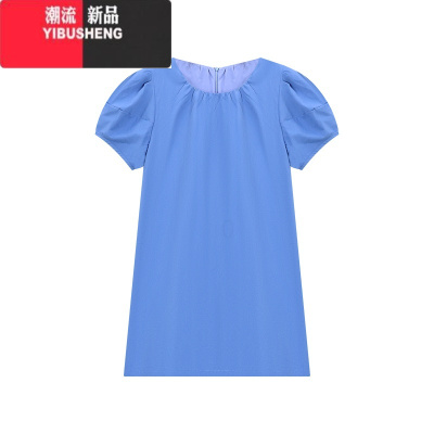 YIBUSHENG高级感蓝色泡泡短袖连衣裙女季新款宽松休闲小个子短裙