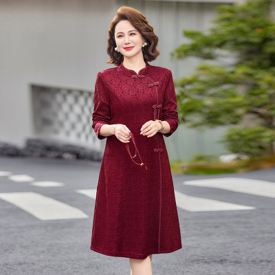 2026年女士气质连衣裙大码宽松妈妈装裙子女复古中年女装长袖春装