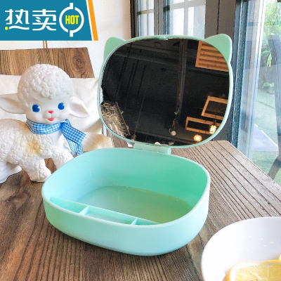 敬平少女心网红桌面台式化妆镜学生宿舍镜子收纳一体便携式可立梳妆镜 绿色猫耳-收纳便携式用镜