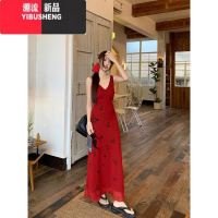 YIBUSHENG法式浪漫印花v领吊带连衣裙女季2024新款收腰显瘦垂感包臀长裙