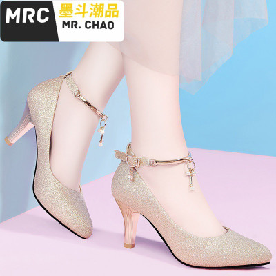 2020新款女鞋一字扣高跟鞋皮鞋细跟单鞋女百搭宴会婚鞋伴娘鞋墨斗潮品休闲鞋