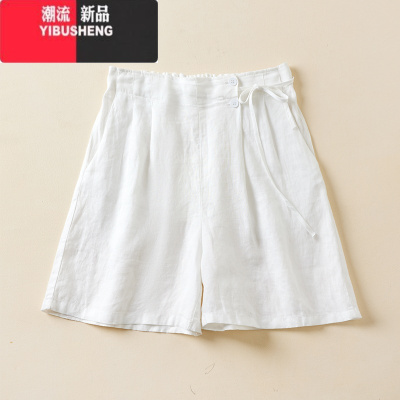 YIBUSHENG棉麻短裤百搭季日系薄款高腰棉麻短裤女松紧腰阔腿休闲五分裤子