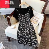 YIBUSHENG胖mm装碎花拼接假两件连衣裙女200斤特大码宽松显瘦过膝中长裙
