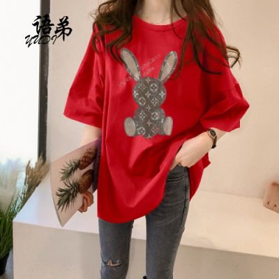 YUDI语弟T恤女棉大码女装2021夏装重工烫钻宽松短袖套头T恤上衣