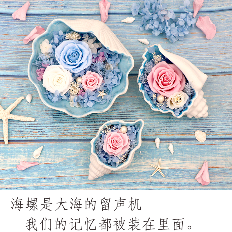 瑞仕兹 圣诞节永生玫瑰花海螺造型摆件男女生闺蜜生日花束婚庆玫瑰花