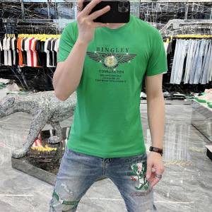 欧洲站时尚夏季新款潮牌男士丝光棉字母烫钻短袖修身t恤男潮欧货
