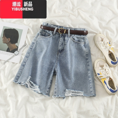 YIBUSHENG韩版小个子五分中裤女季薄款宽松大码胖MM显瘦高腰破洞牛仔短裤