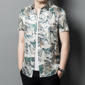 真丝短袖衬衫男士夏季桑蚕丝衬衣中国风休闲度假薄款潮流半袖
