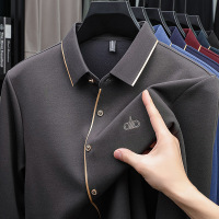 春秋季男士长袖T恤中年纯色POLO衫翻领休闲长袖体恤透气打底衫潮