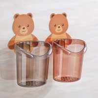 创意卡通儿童牙膏牙刷架置物架免打孔吸壁挂式可爱洗漱台收纳架 三维工匠 小熊牙刷架[透明红]