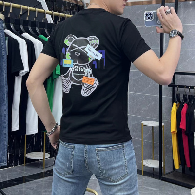 印花熊短袖T恤男夏新款修身时尚半袖男装圆领体恤潮牌ins上衣