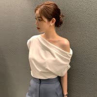 韩国chic2025夏季法式不规则斜肩设计感宽松纯色套头短袖T恤女潮