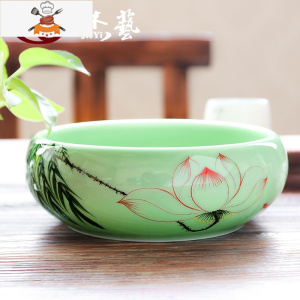 茶洗大号特大家用笔洗青花瓷陶瓷茶具配件洗茶碗茶道零配水盂水洗 [8寸茶洗]青瓷手绘荷柳 敬平