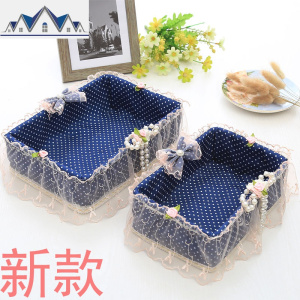 2019田园蕾丝化妆品桌面饰物收纳篮藤编收纳篮布艺摇控篮 三维工匠