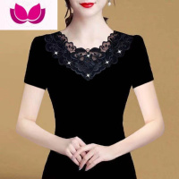 七斓圆领蕾丝打底衫女短袖t恤2023夏装新品修身薄款网纱大码女装上衣