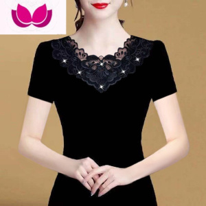 七斓圆领蕾丝打底衫女短袖t恤2023夏装新品修身薄款网纱大码女装上衣