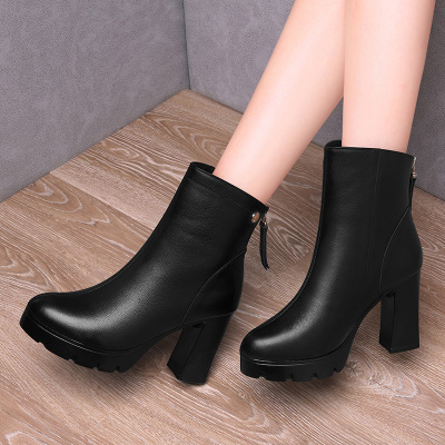 百年纪念高跟皮靴女靴2020冬季新款系带粗跟加绒马丁靴女休闲皮鞋2301QL2306