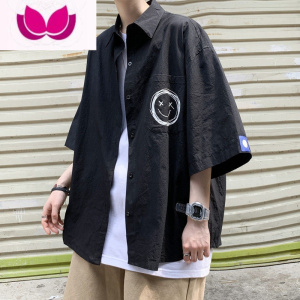 七斓短袖衬衫男夏季薄款五分袖百搭潮牌ins港风日系纯色衬衣休闲外套