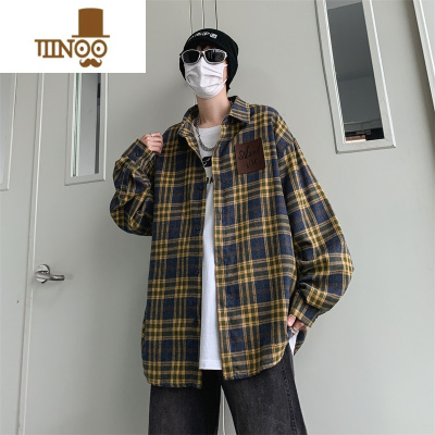 YANXU日系复古格子衬衫男女高街潮牌hiphop潮流嘻哈宽松情侣款衬衣外套