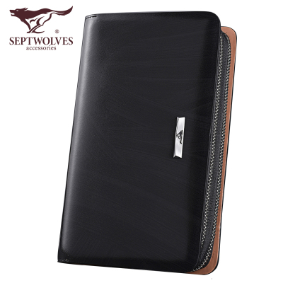 七匹狼男士长款钱包拉链真皮手包多卡位手拿包商务手腕带手拿大号黑色