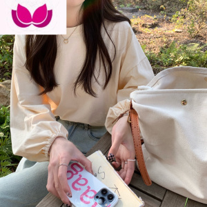 七斓解构风奶橘色穿搭灯笼袖长袖T恤女春装2023新款宽松甜美奶乖上衣