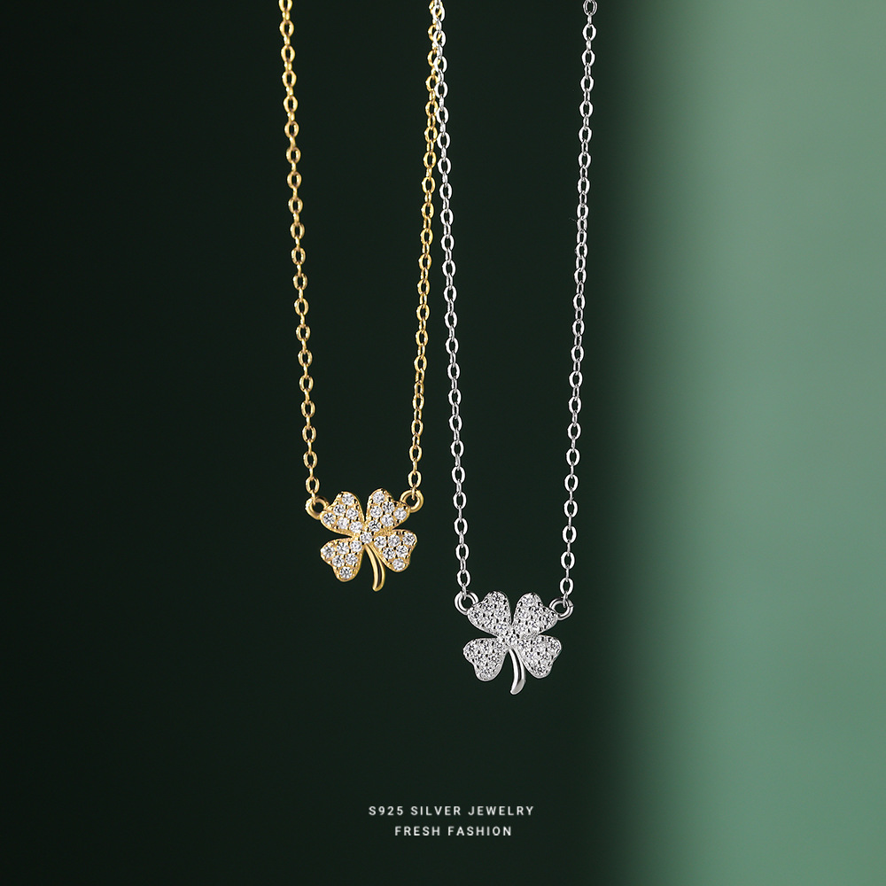 s999纯银镶钻四叶草项链女轻奢设计小众森系小清新足银锁骨链百搭送女朋友老婆情人节七夕生日礼物