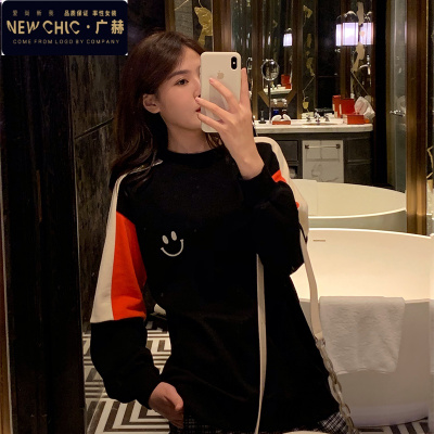 广赫K姐拼色笑脸卫衣-320克米兰棉圆领撞色印花宽松休闲卫衣夹克