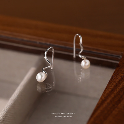 天然珍珠耳钩女s925纯银简约螺旋轻奢耳钉小众设计感耳坠耳饰代发送女朋友老婆情人节七夕生日礼物
