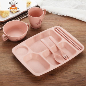 日式创意小麦秸秆餐具儿童餐盘套装宝宝防摔家用卡通分格盘快餐盘 六件套升级款[粉色] 敬平
