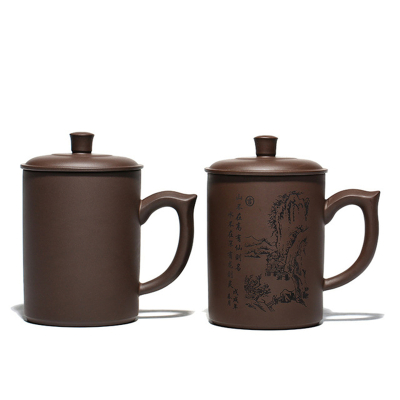 卡沐森紫砂盖杯刻绘飞把茶具礼品定制茶杯宜兴正宗原矿杯子