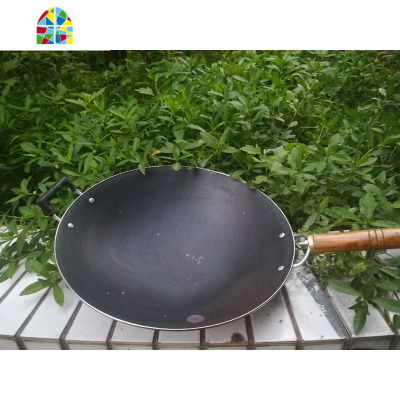 广西老式铁锅 传统锅生铁锅尖底圆底炒锅家用轻便炒菜锅 FENGHOU 38厘米口径新款木柄锅+熟铁盖