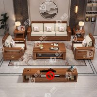 居将 JJ4022934 中式胡桃木实木沙发组合简约转角沙发1+1+3人位+长茶几+方几*2