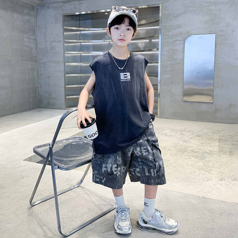 痞帅男童套装夏季薄款2025新款大童夏装衣服儿童夏款背心运动服潮