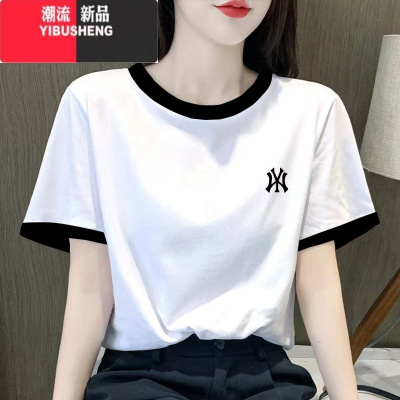 YIBUSHENG欧货短袖t恤女2024季新款白色正肩宽松体恤上衣潮印花薄款