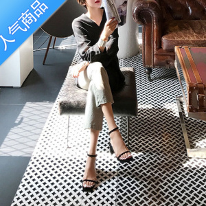 SUNTEK粗跟凉鞋女2023夏季新款韩版简约一字带露趾百搭复古中跟方头女鞋