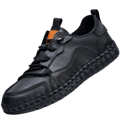 夏季新款真皮男鞋软底缝制休闲皮鞋系带潮皮鞋镂空洞洞男士驾车鞋