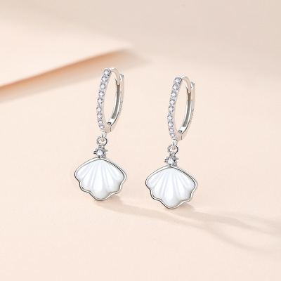 S999足银一贝子镶钻耳环女轻奢时尚百搭耳扣2023新款小众设计耳饰送女朋友老婆情人节七夕生日礼物