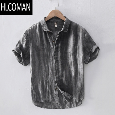 HLCOMAN日系复古压皱短袖亚麻衬衫男士夏季休闲青年透气宽松半袖棉麻衬衣
