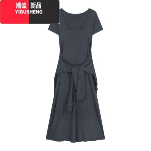 YIBUSHENG假两件绑带圆领短袖T恤连衣裙女季休闲气质灰色收腰拖地长裙子