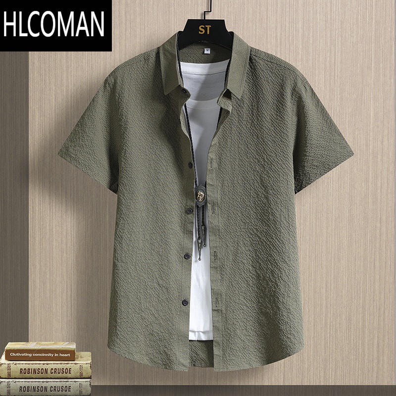 HLCOMAN衬衫短袖夏季男士韩版痞帅气冰丝免烫纯色上衣服薄款凉感半袖寸衣